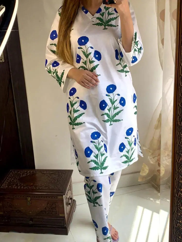 2 Pcs Women's Stitched Linen Block Printed Shirt And Trouser