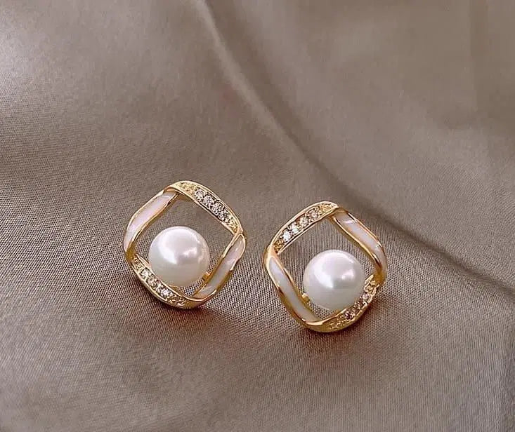 Elegant Pearl Square Stud Earrings – Gold Plated