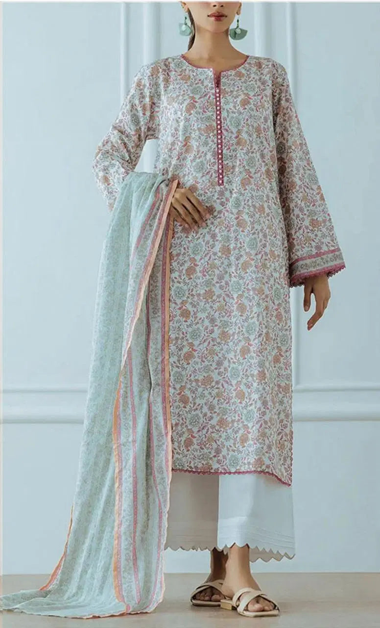 Classic 3-Piece Printed Lawn Suit – Off White