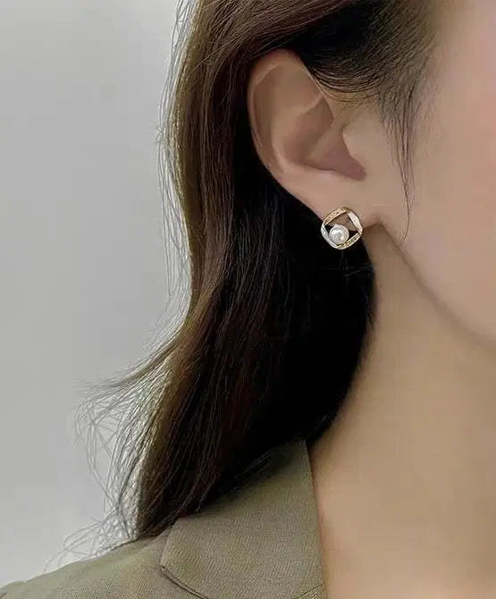 Elegant Pearl Square Stud Earrings – Gold Plated