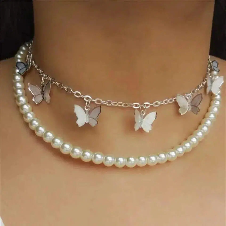 Double Layer Butterfly Pearl Choker
