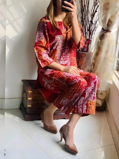 2 Pcs Women's Elegant Stitched Linen Block Printed Shirt And Trouser