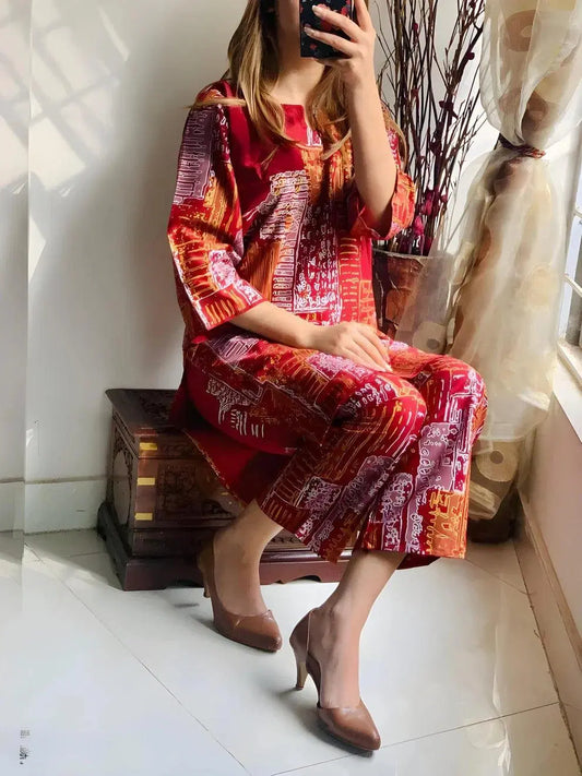 2 Pcs Women's Elegant Stitched Linen Block Printed Shirt And Trouser