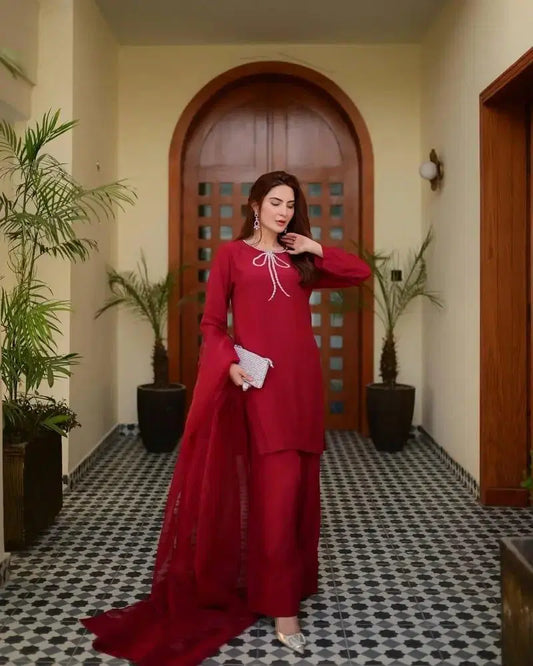 3 Pcs Women's Stitched Lace Work Suit