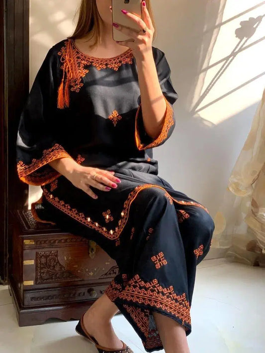 2 Pcs Women's Stitched Linen Embroidered Shirt And Trouser