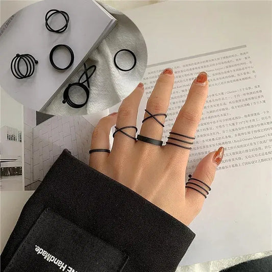 Black Alloy Ring Set – 6 Pcs (Multiple Sizes)