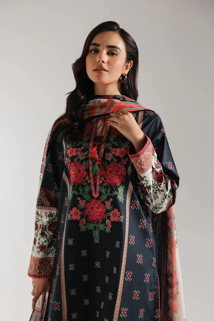 3-Piece Printed Lawn Suit with Dobby Dupatta – Black