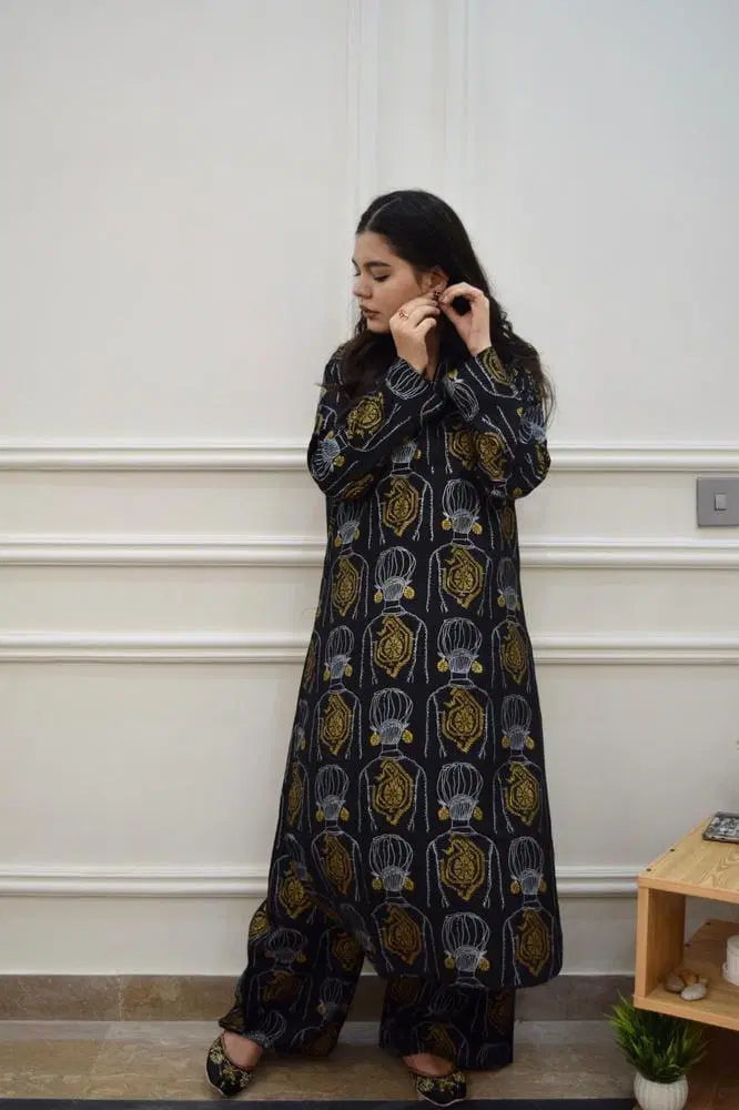 Women's Printed Linen Co-Ord Set – Black (2-Piece)