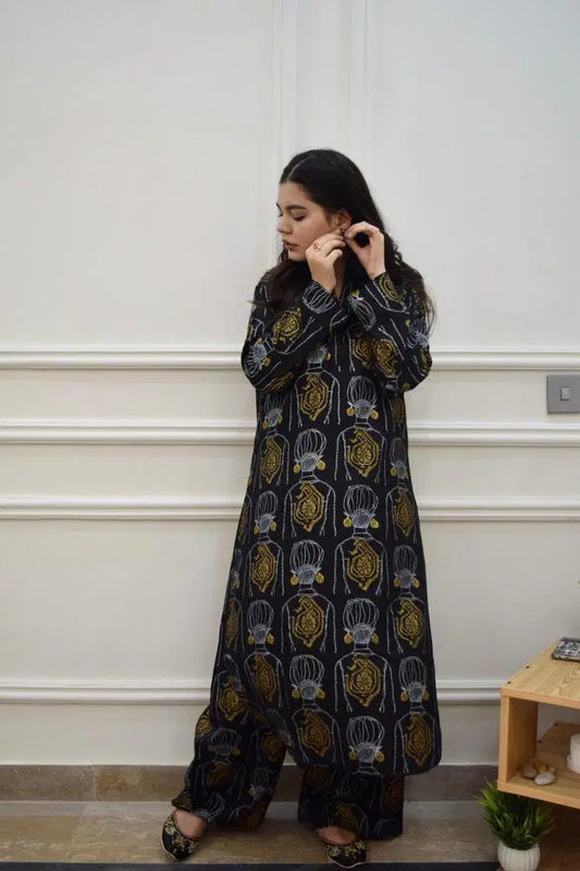 Women's Printed Linen Co-Ord Set – Black (2-Piece)