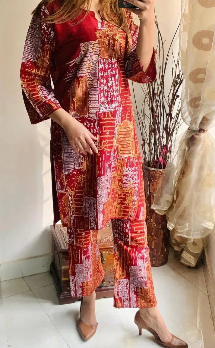 2 Pcs Women's Elegant Stitched Linen Block Printed Shirt And Trouser