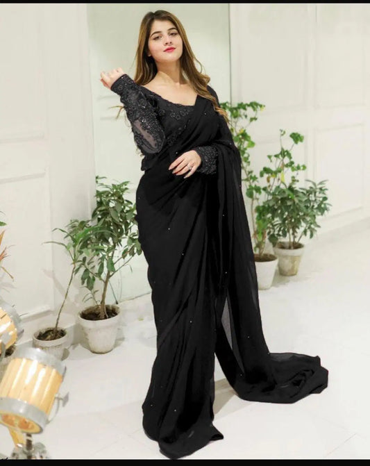 3 Pcs Women’s Chiffon Sequins Embroidered Stitched Saree