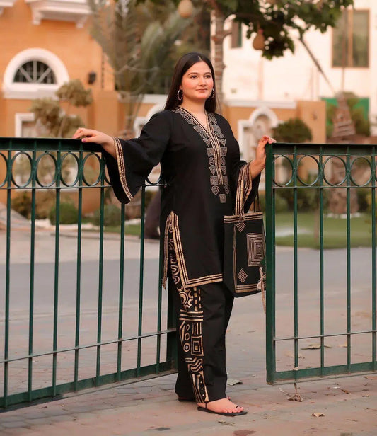 Elegant Embroidered Linen Shirt and Trouser Set for Women