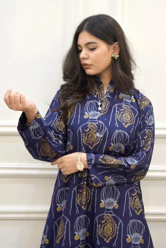Women's Printed Linen Co-Ord Set – Blue (2-Piece)