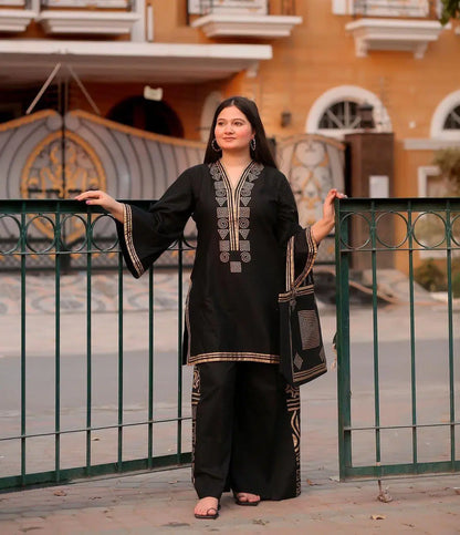 Elegant Embroidered Linen Shirt and Trouser Set for Women