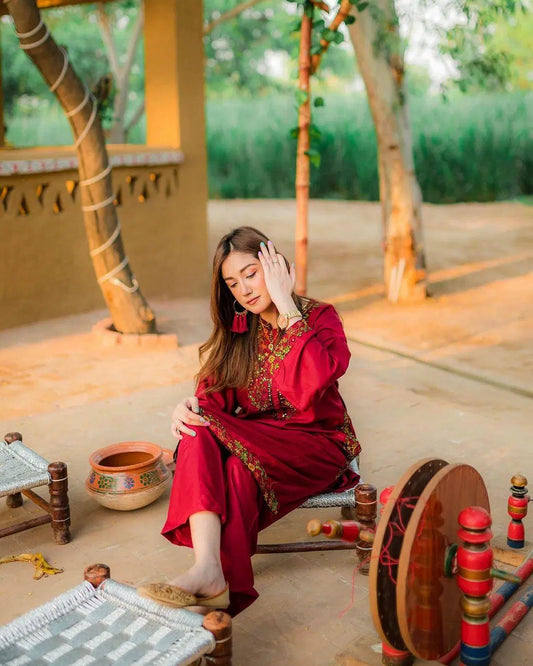 Embroidered Linen Shirt And Trouser Set - 2 Pcs