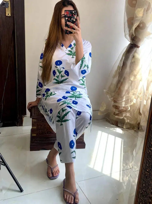 2 Pcs Women's Stitched Linen Block Printed Shirt And Trouser