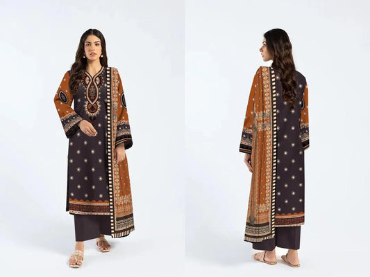 Cocoa Leaf – Printed Lawn Suit with Dobby Lawn Dupatta (3 Pc - Brown)