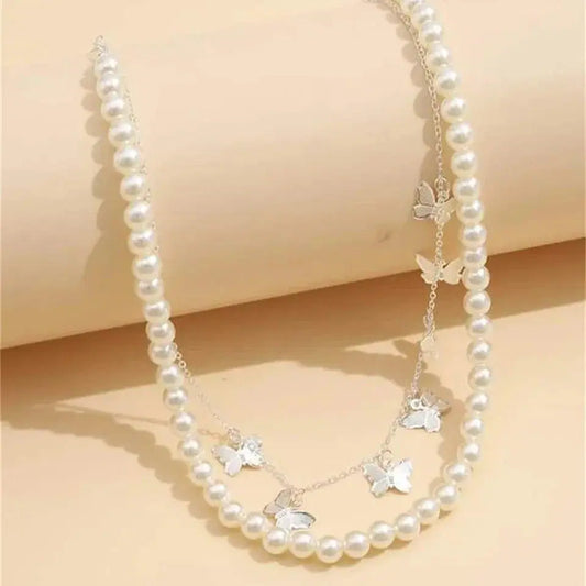 Double Layer Butterfly Pearl Choker
