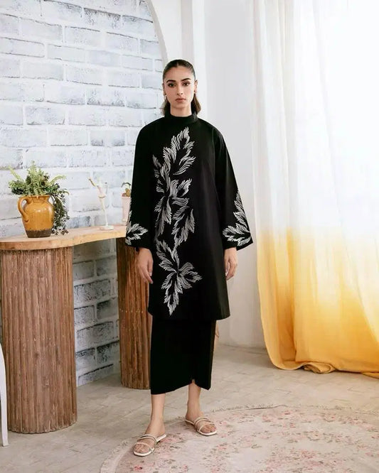 Women's Cotton 2-Piece Embroidered Co-Ord Set – Black