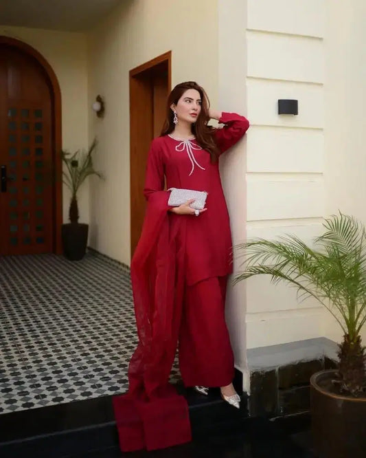 3 Pcs Women's Stitched Lace Work Suit