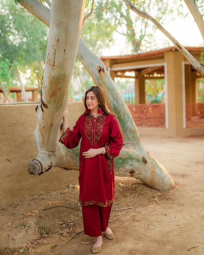 Embroidered Linen Shirt And Trouser Set - 2 Pcs