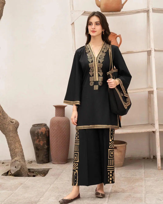 Elegant Embroidered Linen Shirt and Trouser Set for Women