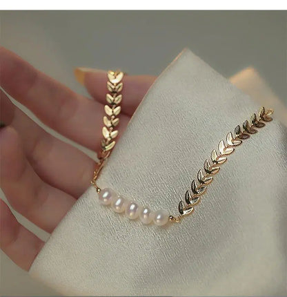 Leaf Pearl Gold Bracelet for Girls – 7mm Trendy Design