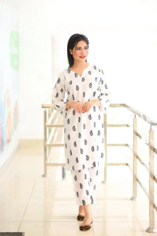 2 Pcs Women's Stitched Linen Block Printed Shirt And Trouser