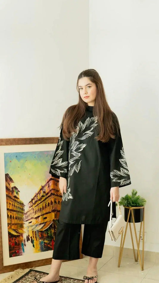 Women's Cotton 2-Piece Embroidered Co-Ord Set – Black