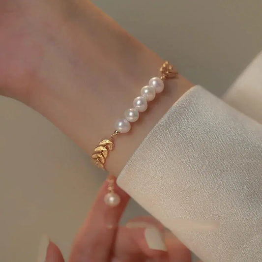 Leaf Pearl Gold Bracelet for Girls – 7mm Trendy Design
