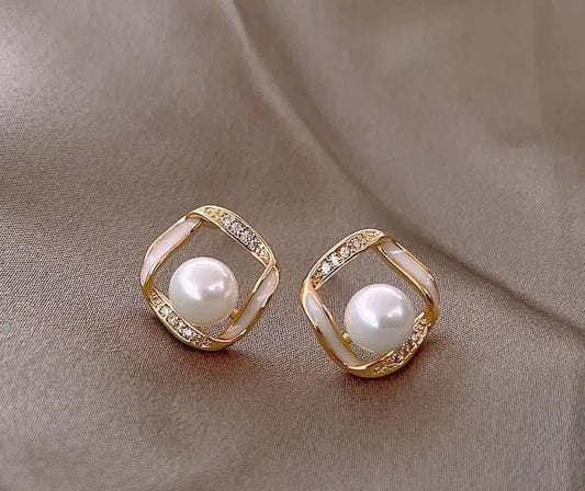Elegant Pearl Square Stud Earrings – Gold Plated