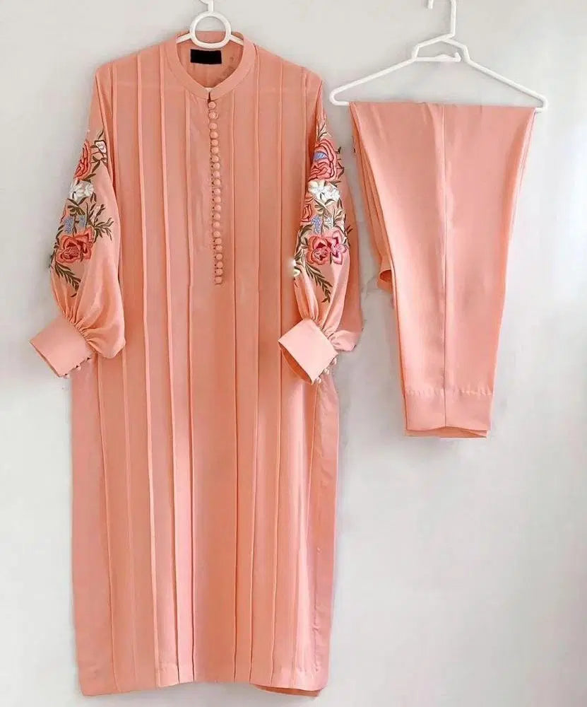2 Pcs Women's Stitched Linen Embroidered Suit