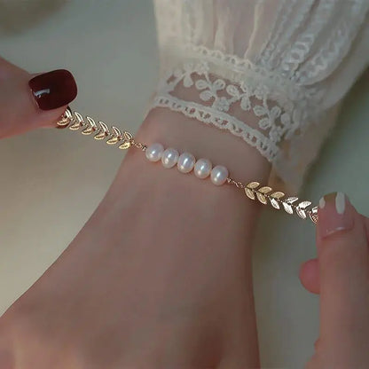 Leaf Pearl Gold Bracelet for Girls – 7mm Trendy Design