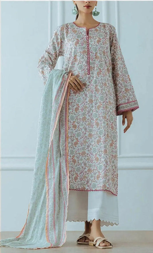 Classic 3-Piece Printed Lawn Suit – Off White