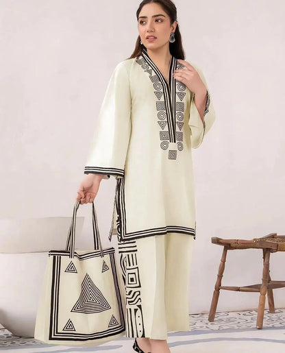 Women's Printed Linen 2-Piece Set with Handbag – White