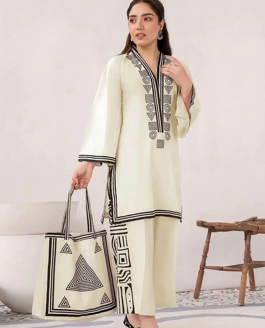 Women's Printed Linen 2-Piece Set with Handbag – White