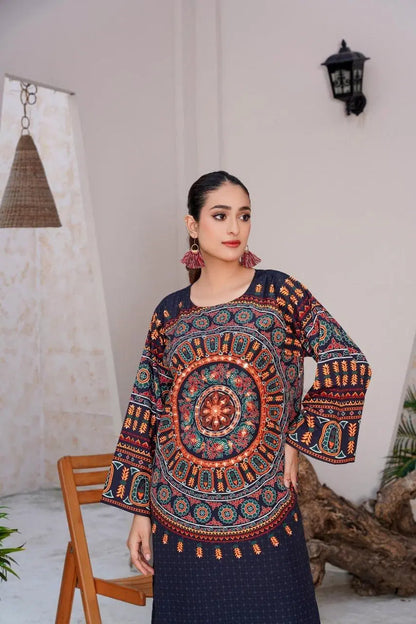 Women's Stitched Printed Shirt and Trouser Set - 2 Pcs with Mirror Work