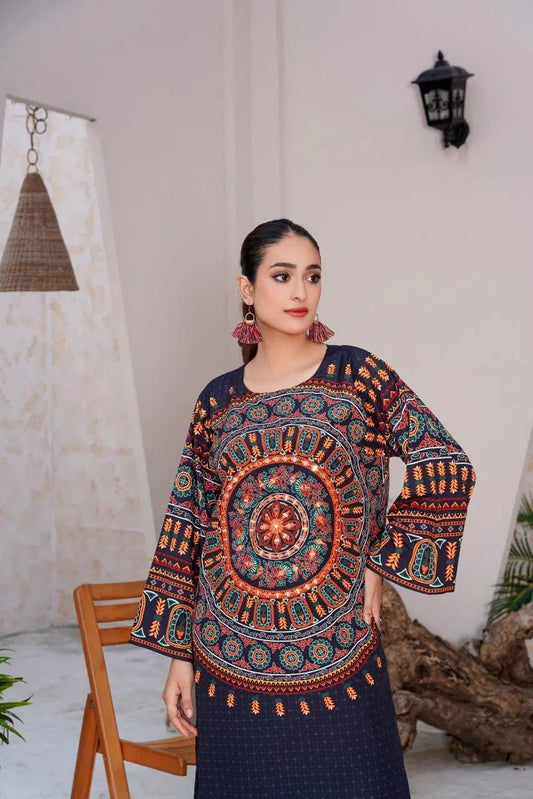 Women's Stitched Printed Shirt and Trouser Set - 2 Pcs with Mirror Work