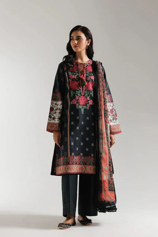 3-Piece Printed Lawn Suit with Dobby Dupatta – Black
