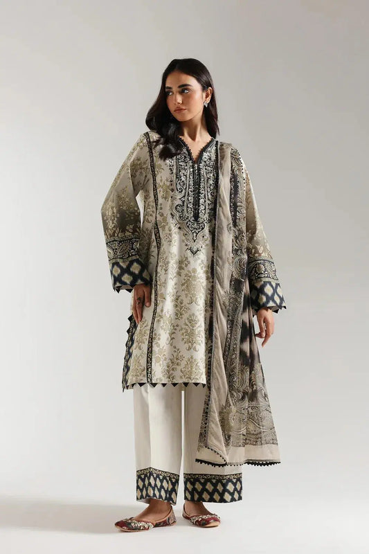 Printed Lawn Suit with Dobby Lawn Dupatta (3 Pc - Off White)