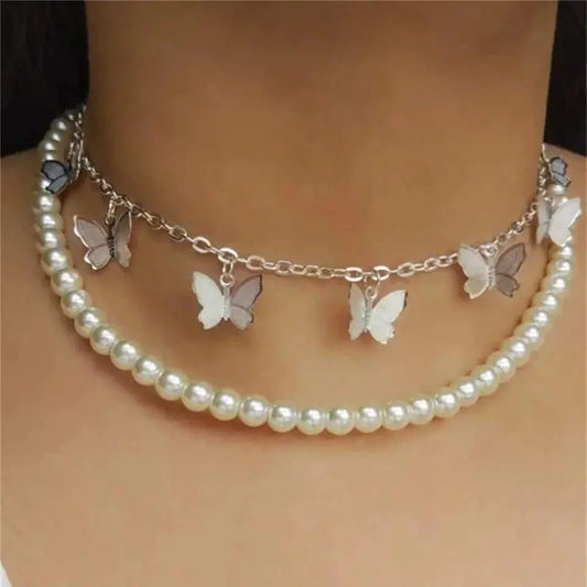Double Layer Butterfly Pearl Choker