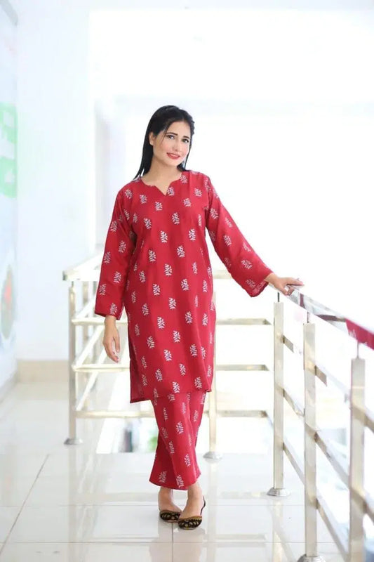2 Pcs Women's Stitched Linen Block Printed Shirt And Trouser