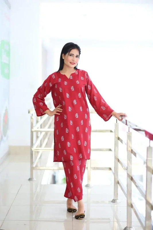 2 Pcs Women's Stitched Linen Block Printed Shirt And Trouser