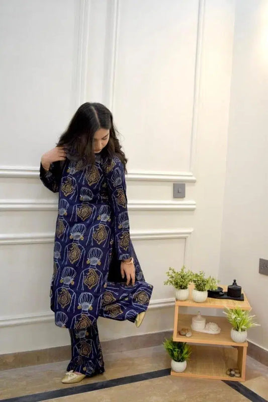 Women's Printed Linen Co-Ord Set – Blue (2-Piece)