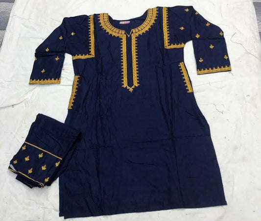 2 Pcs Women's Stitched Linen Embroidered Shirt And Trouser