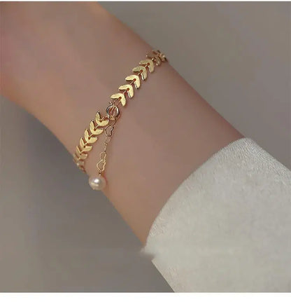 Leaf Pearl Gold Bracelet for Girls – 7mm Trendy Design